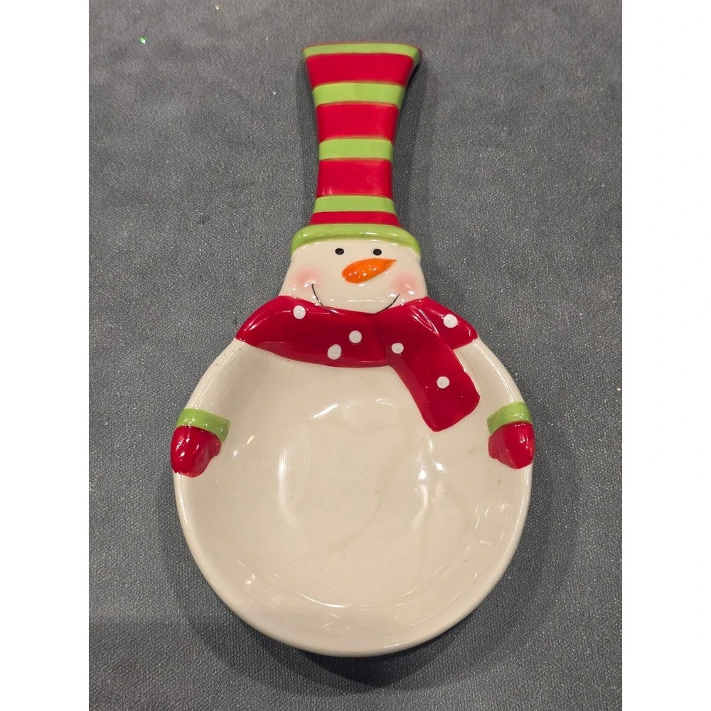 Christmas Snowman Ceramic Spoon Rest Holiday Kitchen Decor Red Green Striped Hat
